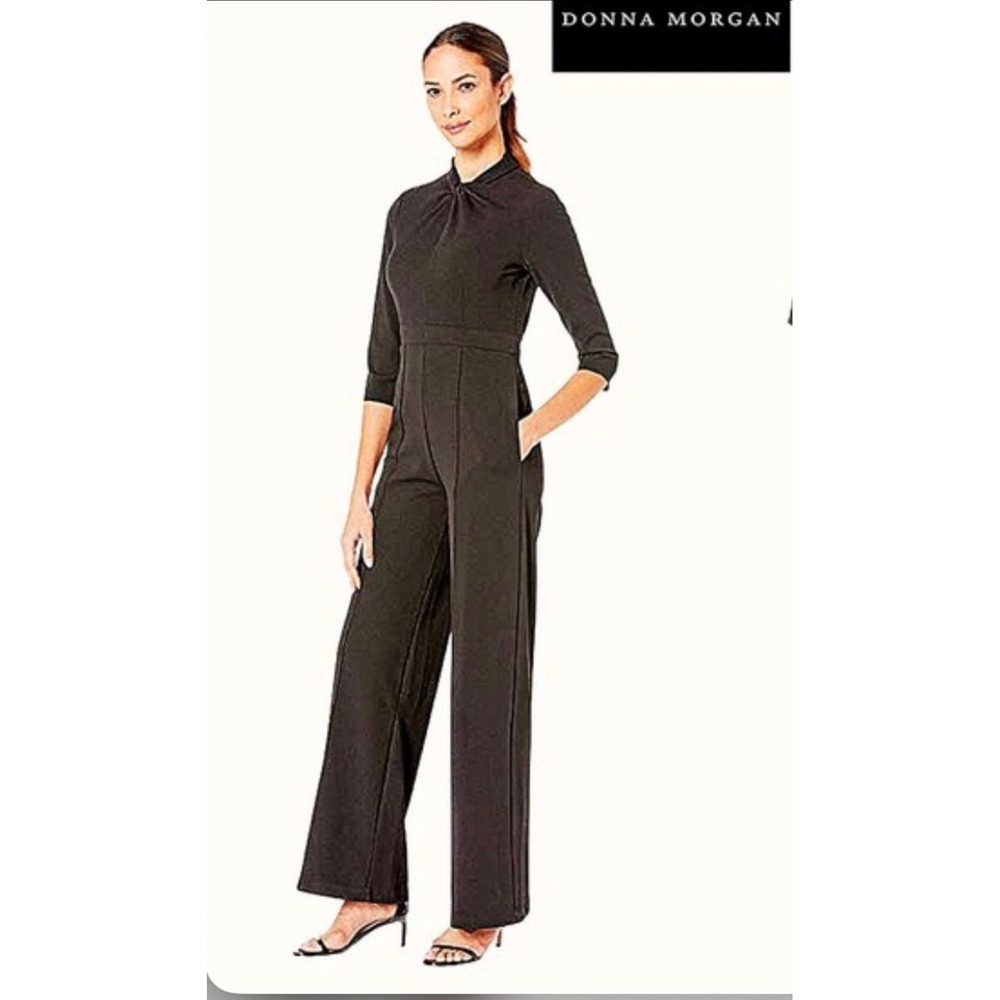 Donna‎ Morgan Black Twist Neck Wide Leg Jumpsuit 3/4 Sleeve Size 10